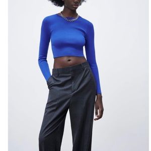 ZARA DARK BLUE BASIC RIBBED KNIT SWEATER * NEW *